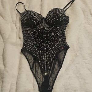 NWOT Black Rhinestone Beaded Bodysuit